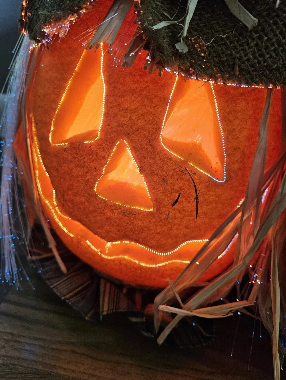 Vintage '03 Gemmy Fiber Optic 3 Pumpkins Trio Scarecrow Jack O Lantern Halloween